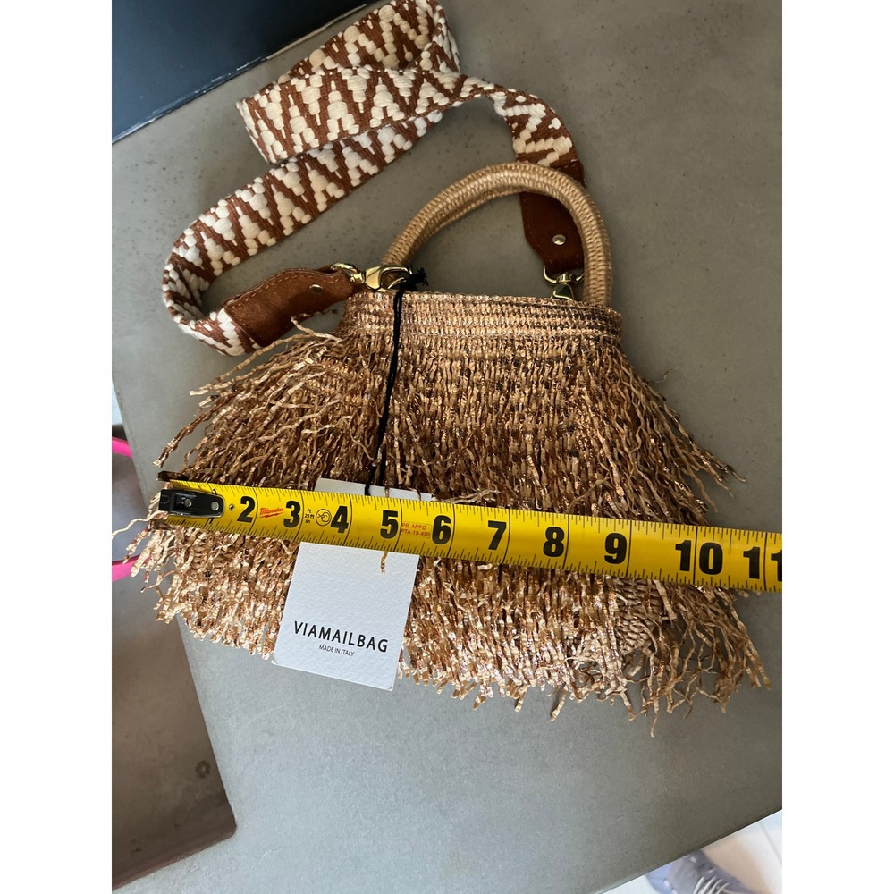 ViaMailBag Italy Rose Gold Glitter Fringe Straw Bucket Bag Boho Summer Festival - Picture 13 of 16